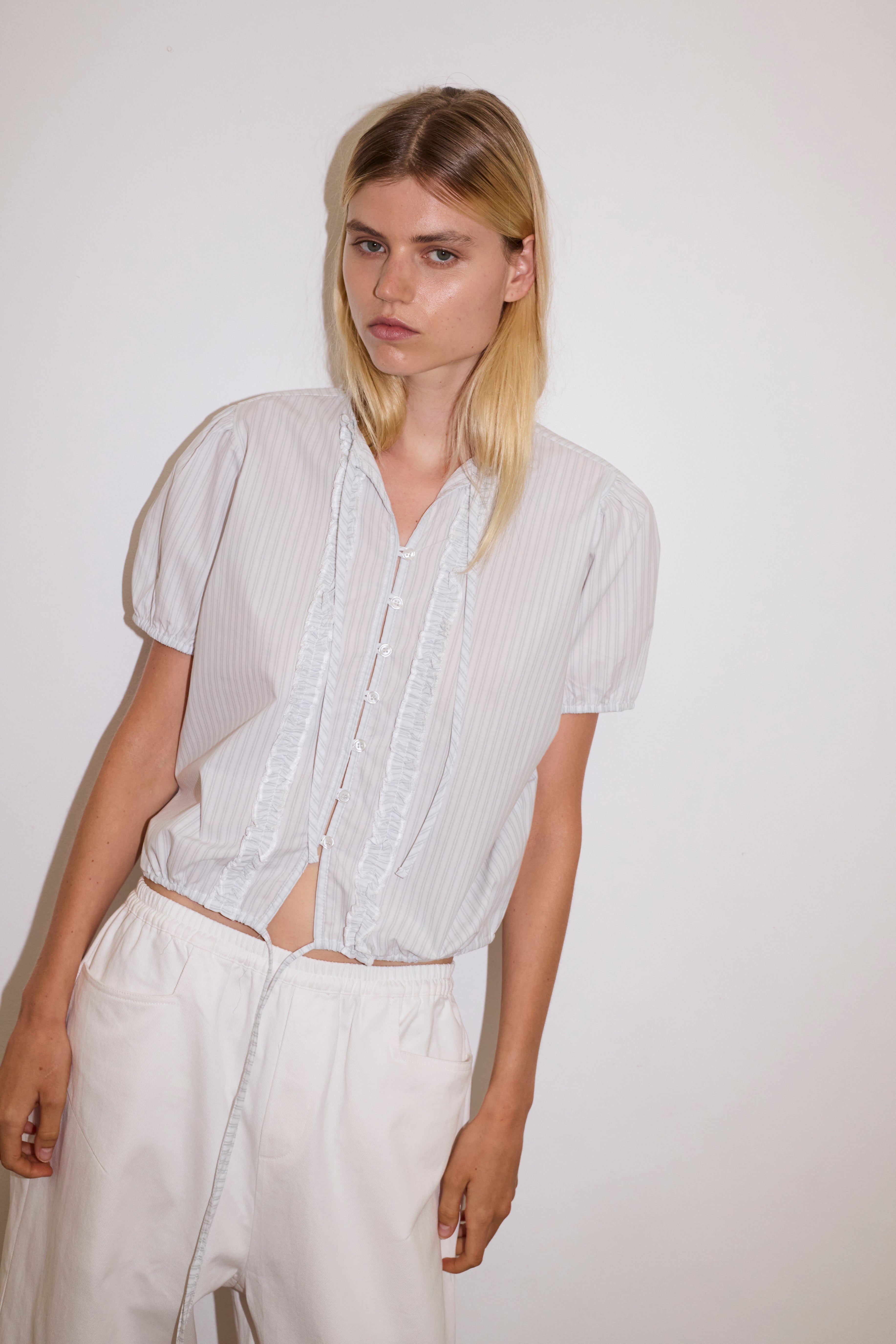 Double Frill Top - Sage Stripe