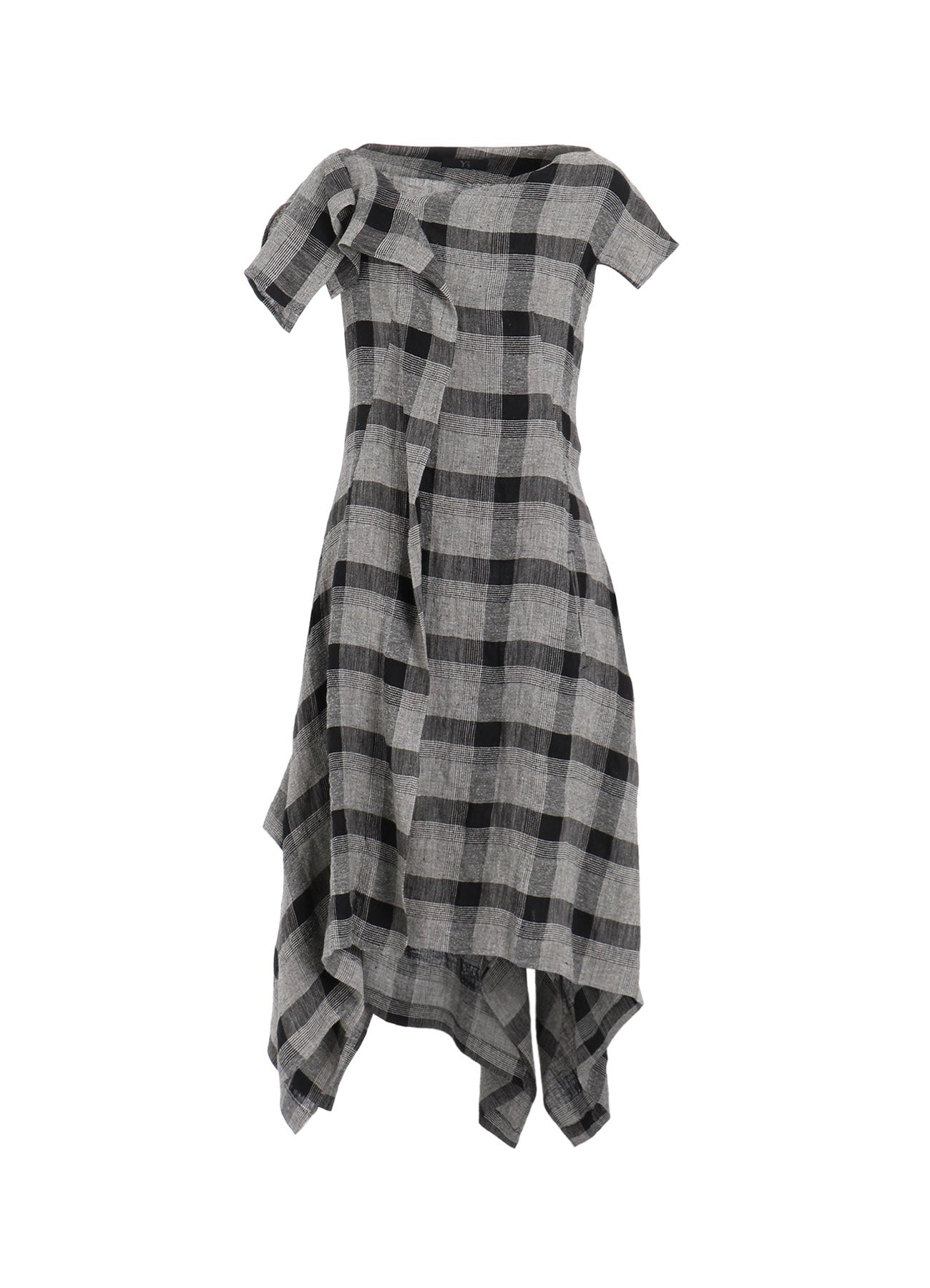 LINEN/SILK PLAID HANDKERCHIEF HEM DRESS