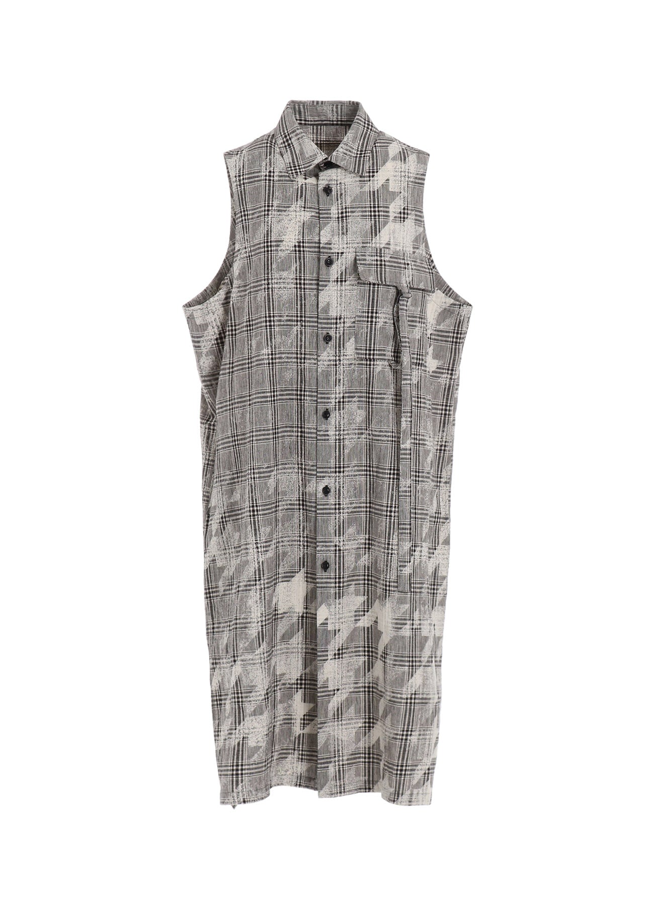 COTTON/LINEN PLAID×BIG HOUNDSTOOTH SLEEVELESS SHIRT DRESS