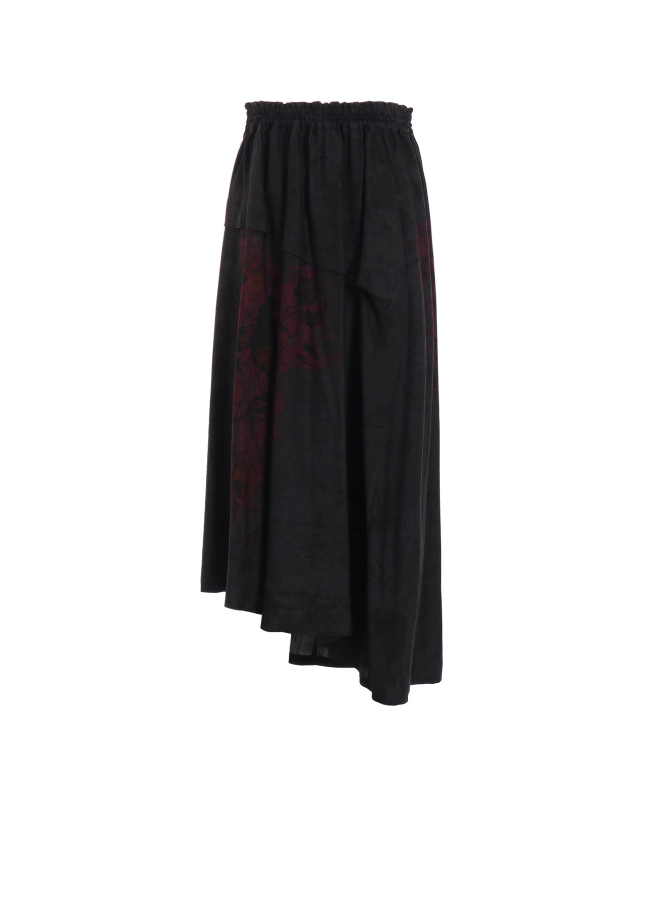 CUPRO/DUNGAREE TWILL FLOWER&ASPHALT PRINT RIGHT TUCKED ASYMMETRIC SKIRT