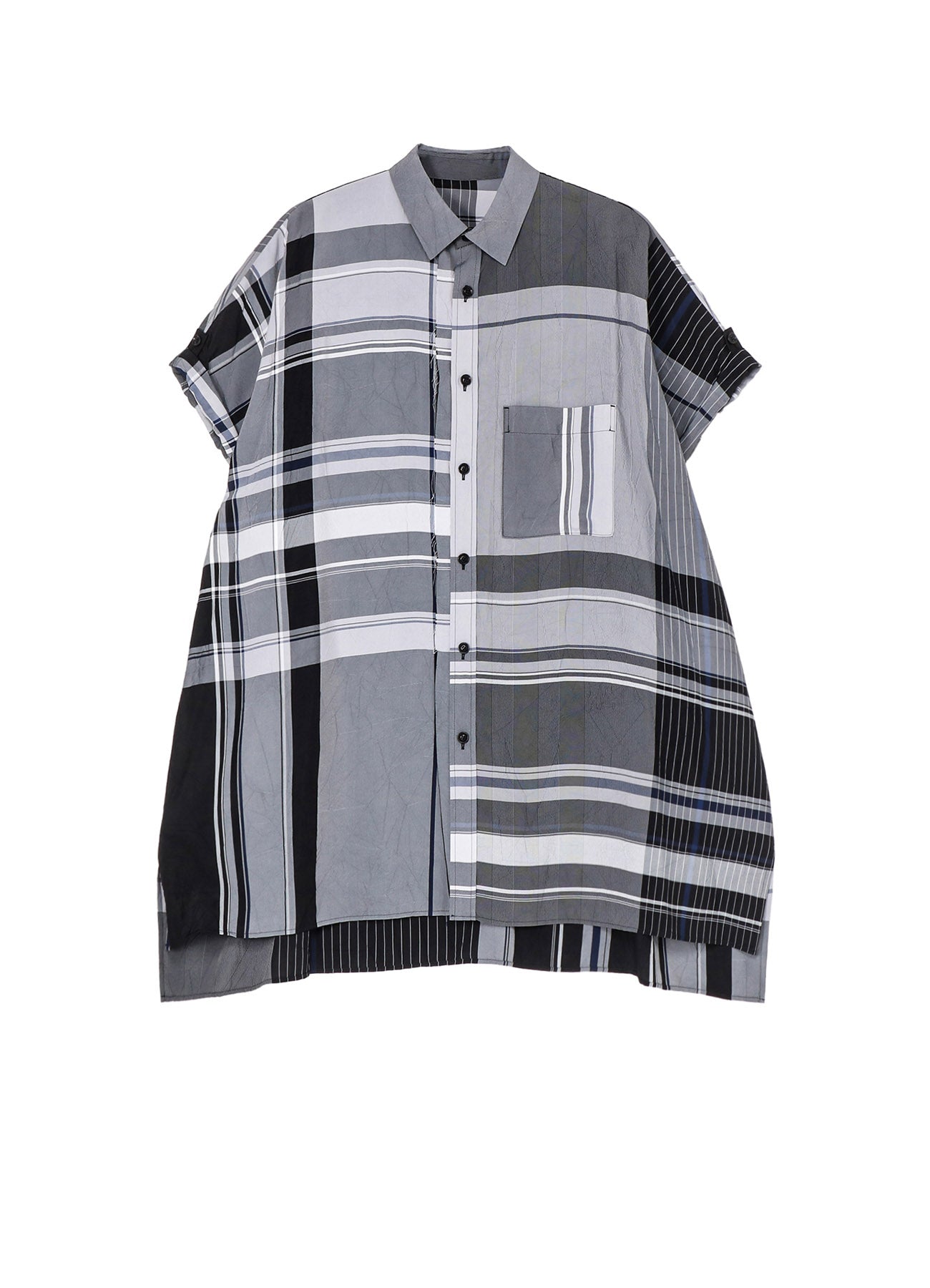 RAYON WRINKLED PLAID HALF SLEEVE BLOUSE